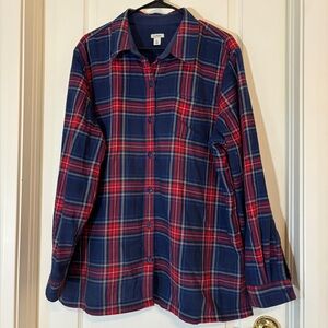 L.L. Bean Fleece Lined Plaid Flannel Shirt XL Red Navy Men’s Button Down Warm